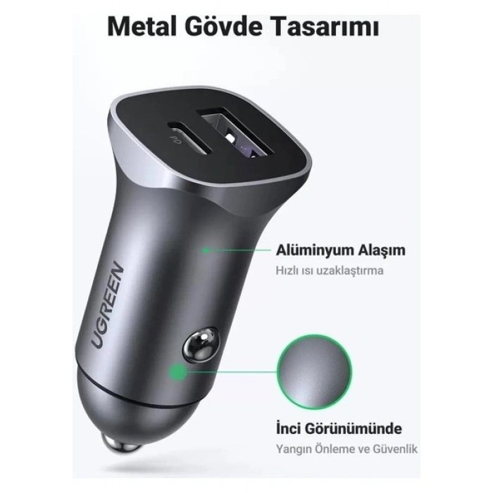 UGREEN 30W QC PD Alüminyum Araç Çakmaklık Şarj Cihazı 1xUSB-C, 1xUSB-A, Gri, 40858