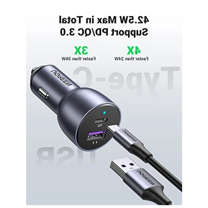 Ugreen 52.5 W Çift Port USB C-USB A PD-QC Hızlı Araç Şarj Cihazı