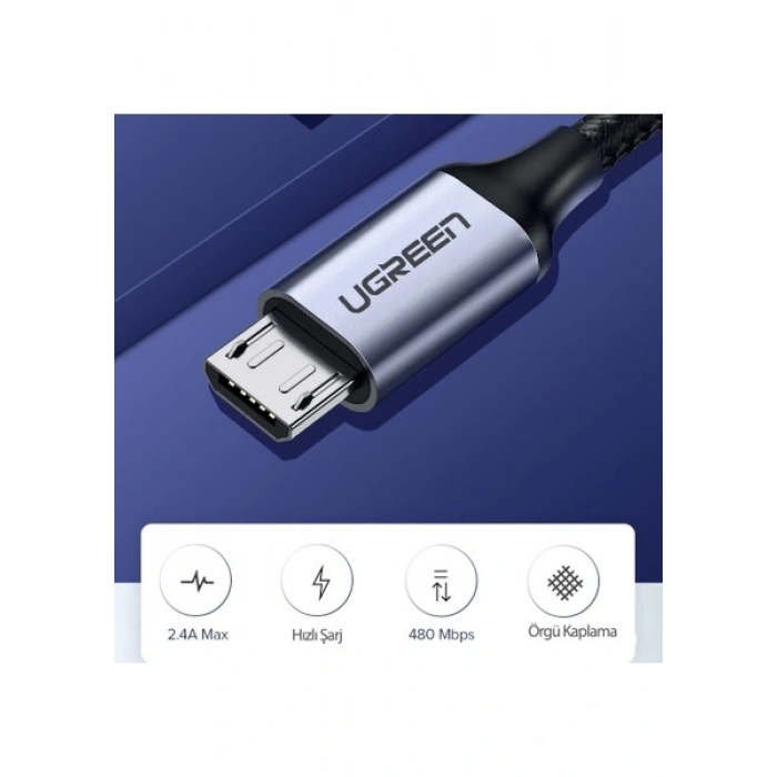 Ugreen Micro USB Örgülü Data ve Şarj Kablosu Beyaz 1 Metre