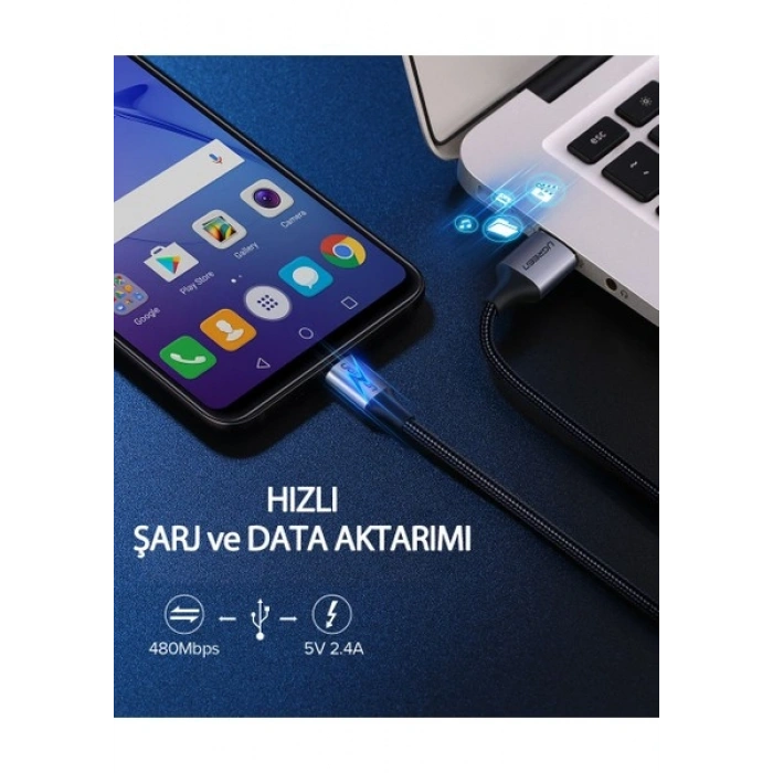 Ugreen Micro USB Örgülü Data ve Şarj Kablosu Beyaz 1 Metre