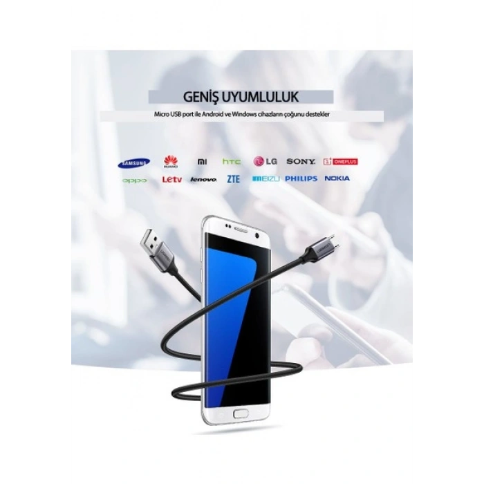 Ugreen Micro USB Örgülü Data ve Şarj Kablosu Beyaz 1 Metre