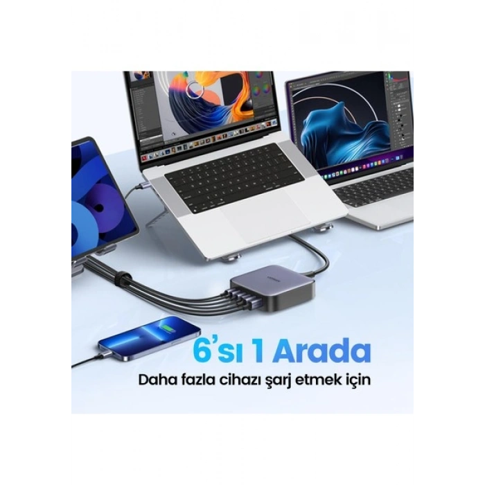 UGREEN Nexode 200W GaN II 6 Portlu Masaüstü Hızlı Şarj Cihazı İstasyonu 4xUSB-C, 2xUSB-A, Gri - 40914