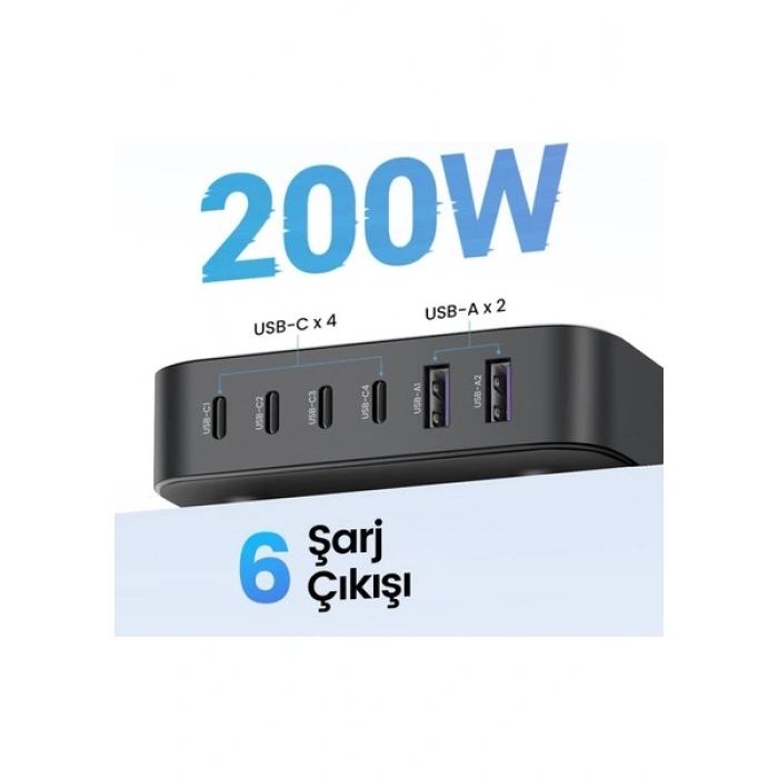 UGREEN Nexode 200W GaN II 6 Portlu Masaüstü Hızlı Şarj Cihazı İstasyonu 4xUSB-C, 2xUSB-A, Gri - 40914