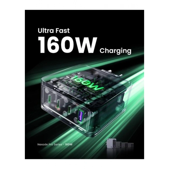 Ugreen Nexode Pro 160W Gan Hızlı Şarj Cihazı 100W Kablolu Type-C Qc Pd 3xusb-C 1xusb-A Gri 25877