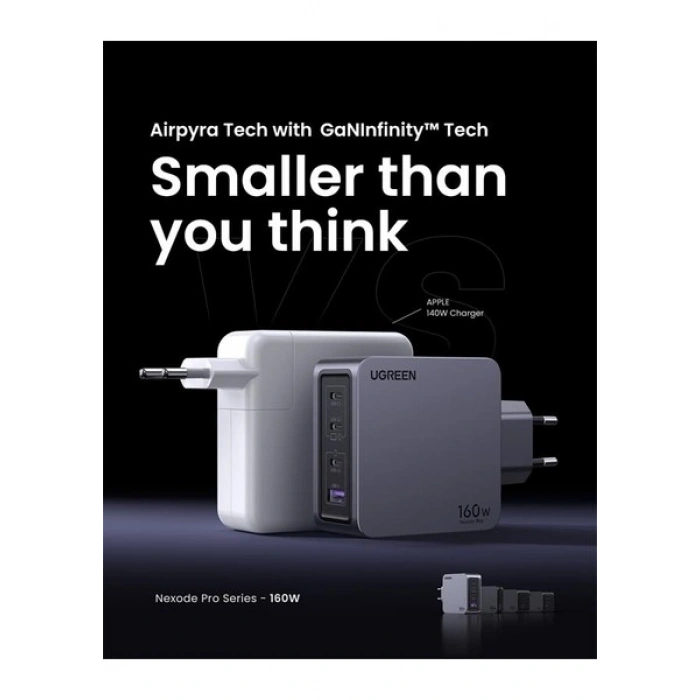 Ugreen Nexode Pro 160W Gan Hızlı Şarj Cihazı 100W Kablolu Type-C Qc Pd 3xusb-C 1xusb-A Gri 25877