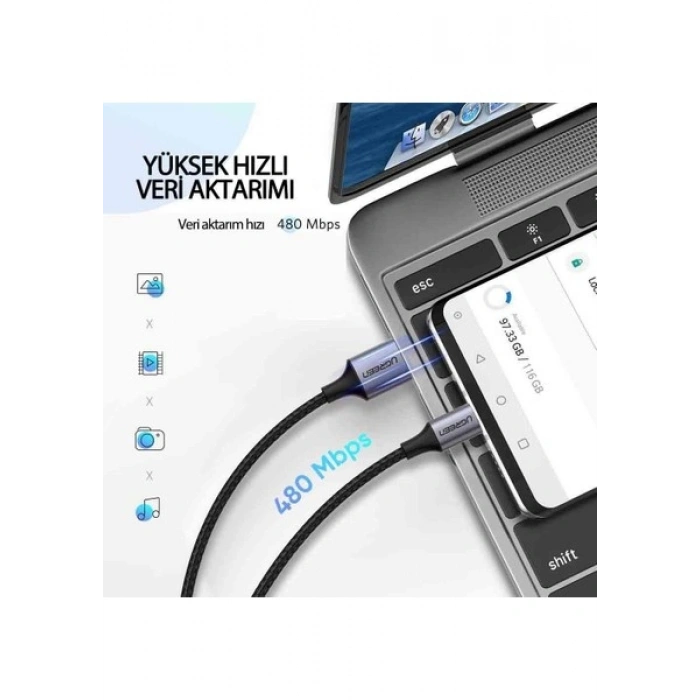 UGREEN Örgülü USB-C Şarj ve Data Kablosu, Beyaz, 25 cm, 60129