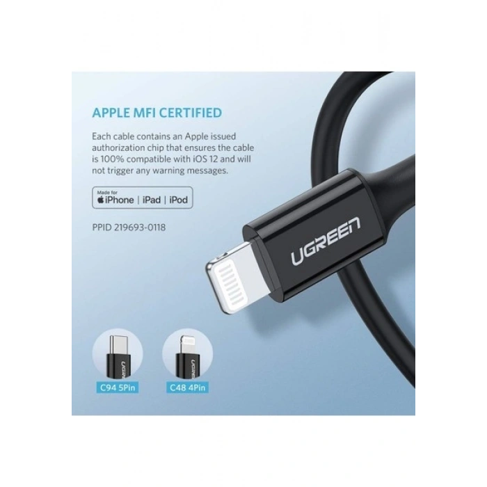 UGREEN Type-C to Lightning 3A PD MFi Sertifikalı Hızlı Şarj Kablosu, 1 Metre, Siyah, 60751