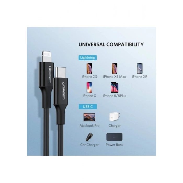 UGREEN Type-C to Lightning 3A PD MFi Sertifikalı Hızlı Şarj Kablosu, 1 Metre, Siyah, 60751