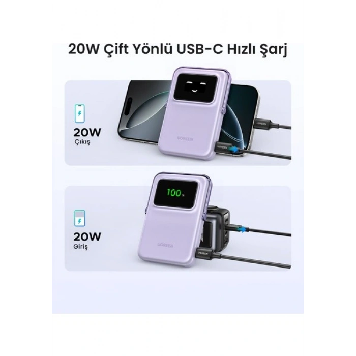 Ugreen Uno Magsafe Wireless 10.000 mAh 20W Hızlı Şarj Mini Powerbank, Mor - 45328
