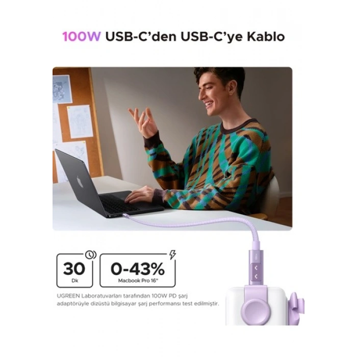 Ugreen Uno Usb-C 100W 5A Qc Pd Örgülü Hızlı Şarj Kablosu, 1 Metre, Mor, 65092