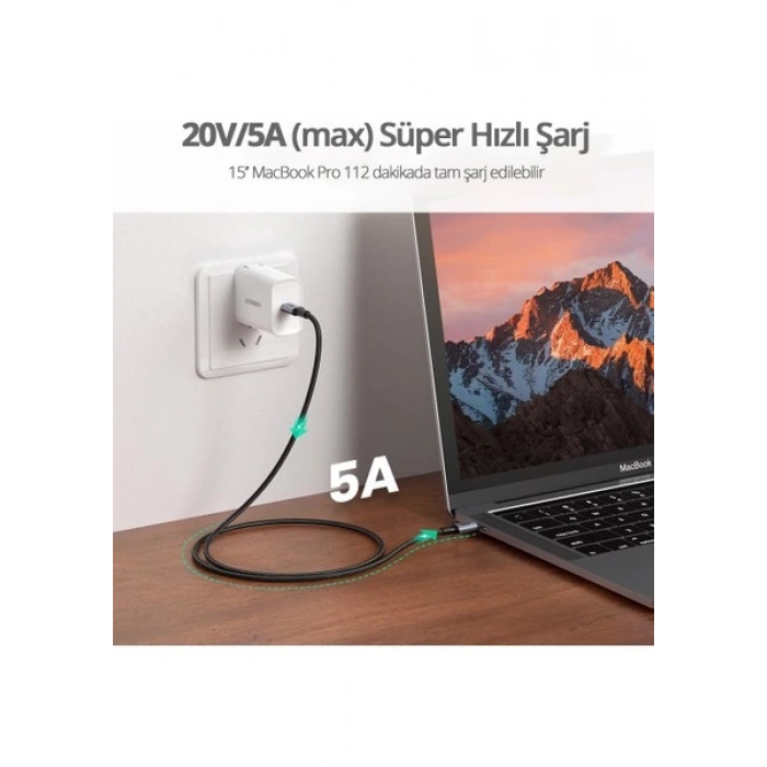 Ugreen Usb-C 100W 5A Qc Pd Örgülü Hızlı Şarj Kablosu, 3 Metre, Siyah - 90120