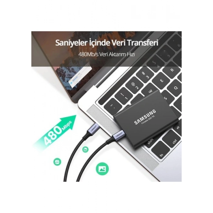 Ugreen Usb-C 100W 5A Qc Pd Örgülü Hızlı Şarj Kablosu, 3 Metre, Siyah - 90120