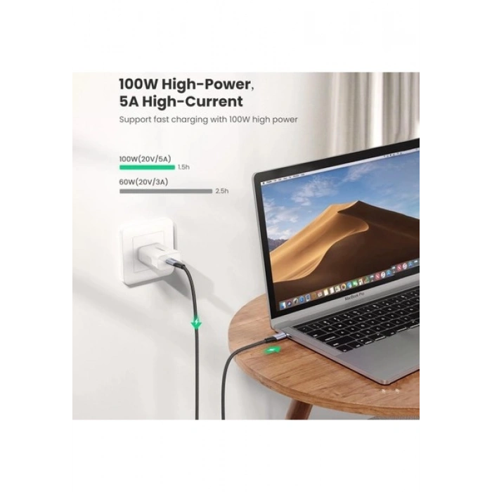 UGREEN USB-C 100W Thunderbolt USB3.1 GEN2 5A QC PD Hızlı Şarj Kablosu, 1 m, Siyah, 80150