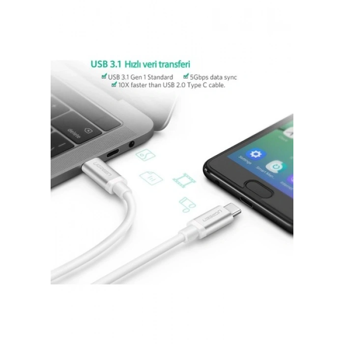 UGREEN USB-C 60W 3A QC PD Hızlı Şarj Kablosu, 1 m, Beyaz, 60518