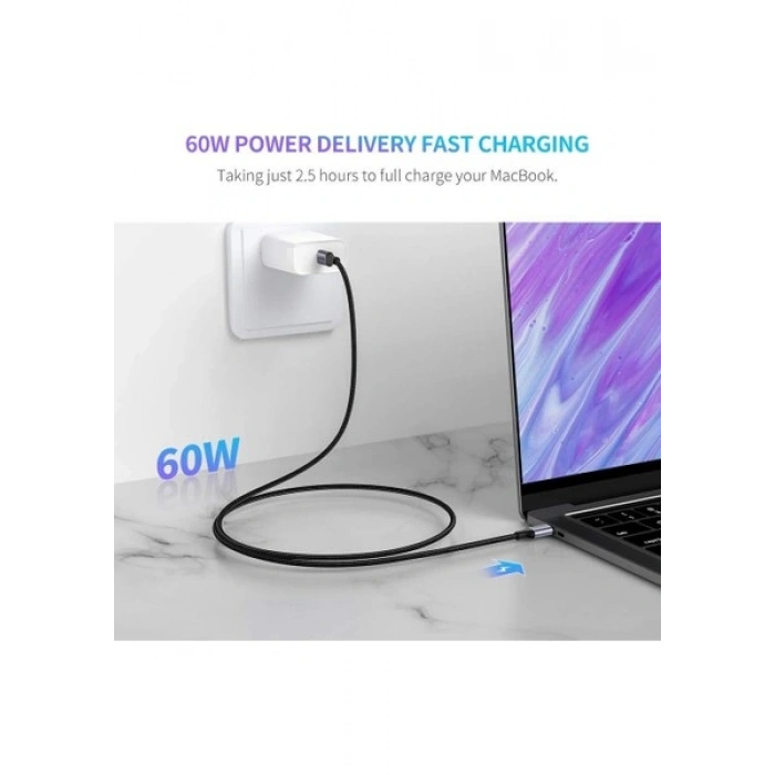 UGREEN USB-C 60W 3A QC PD Örgülü Hızlı Şarj Kablosu, 1 m, Siyah, 50150