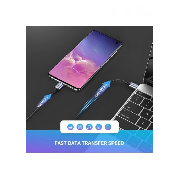 UGREEN USB-C 60W 3A QC PD Örgülü Hızlı Şarj Kablosu, 1 m, Siyah, 50150