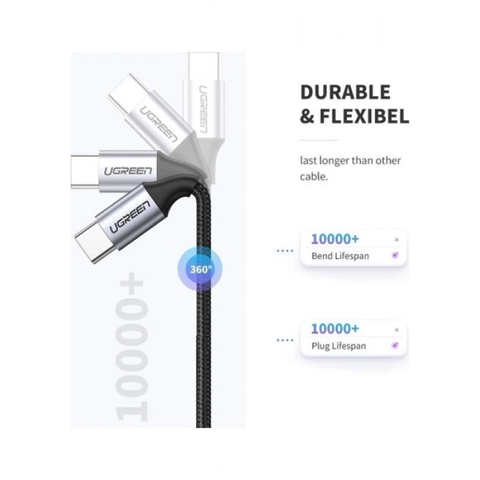 UGREEN USB-C 60W 3A QC PD Örgülü Hızlı Şarj Kablosu, 1 m, Siyah, 50150