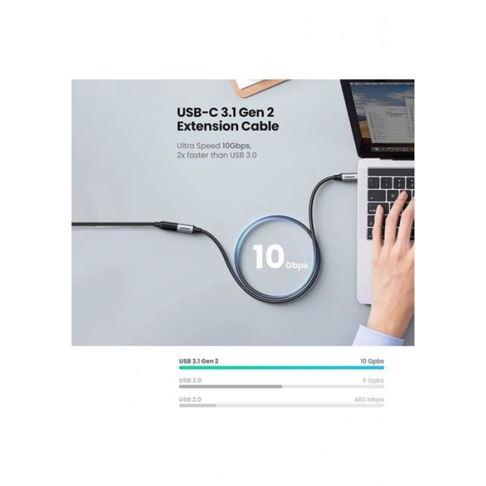 UGREEN USB-C Erkek - Dişi Gen2 5A Örgülü Kablo 0.5 m, Siyah, 80810