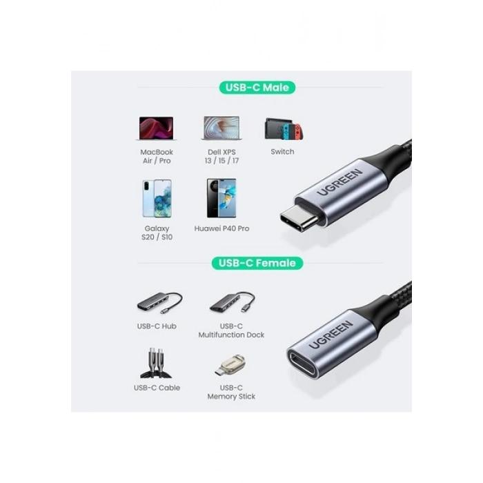UGREEN USB-C Erkek - Dişi Gen2 5A Örgülü Kablo 0.5 m, Siyah, 80810