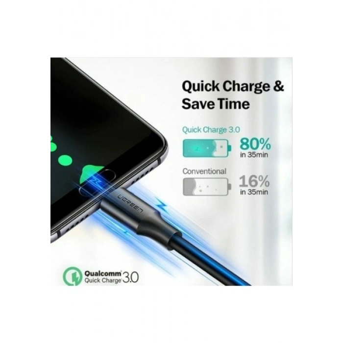 UGREEN USB-C - USB-A 3A QC Hızlı Şarj Kablosu, 1 m, Siyah, 60116