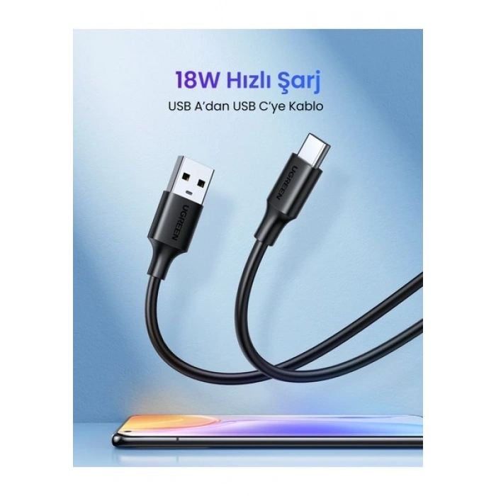 UGREEN USB-C - USB-A 3A QC Hızlı Şarj Kablosu, 1 m, Siyah, 60116