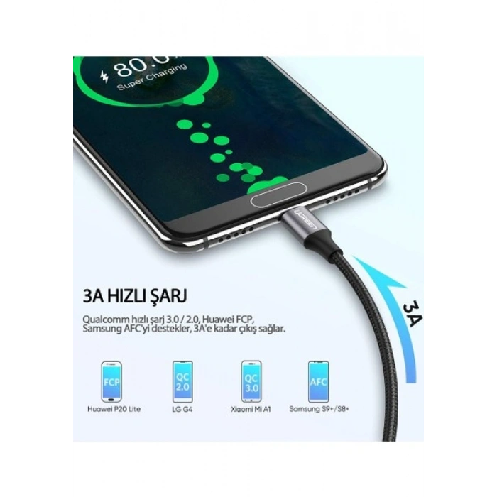 UGREEN USB-C - USB-A 3A QC Örgülü Hızlı Şarj Kablosu, 0,5 m, Siyah, 60125
