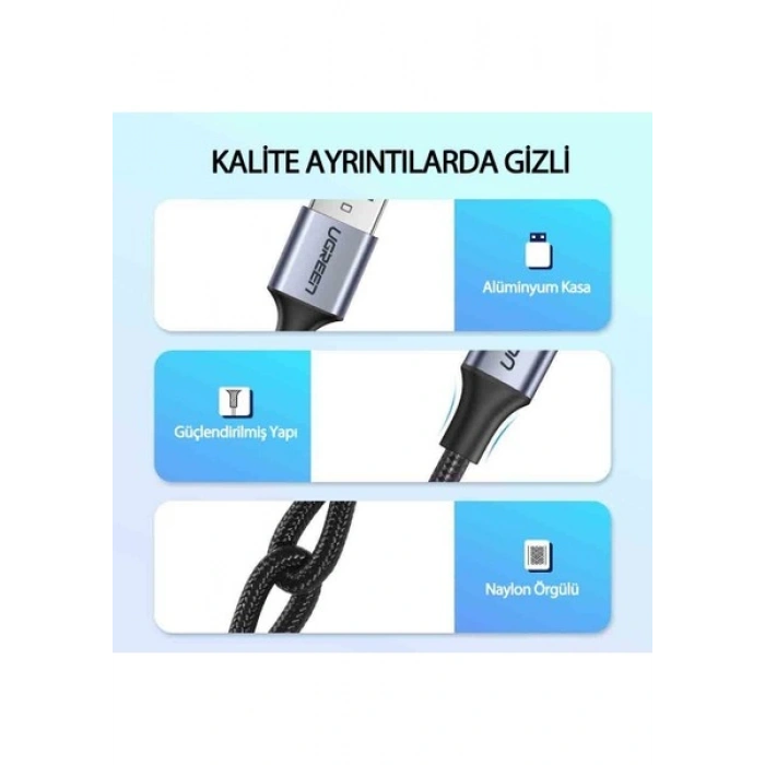 UGREEN USB-C - USB-A 3A QC Örgülü Hızlı Şarj Kablosu, 0,5 m, Siyah, 60125
