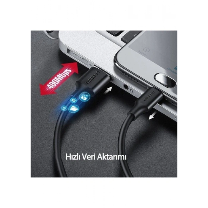 UGREEN USB-C - USB-A 3A QC Örgülü Hızlı Şarj Kablosu, 0,5 m, Siyah, 60125