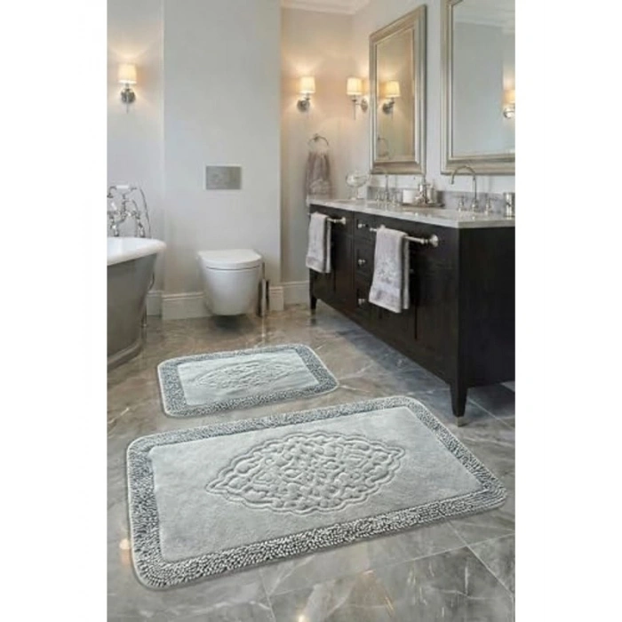 Ultra Lüks Banyo Paspası Seti, 100% Pamuk, Gri Renk