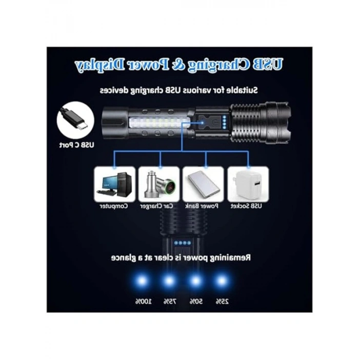 Ultra Parlak 100000 Lümen Şarjlı El Feneri, 7 Mod