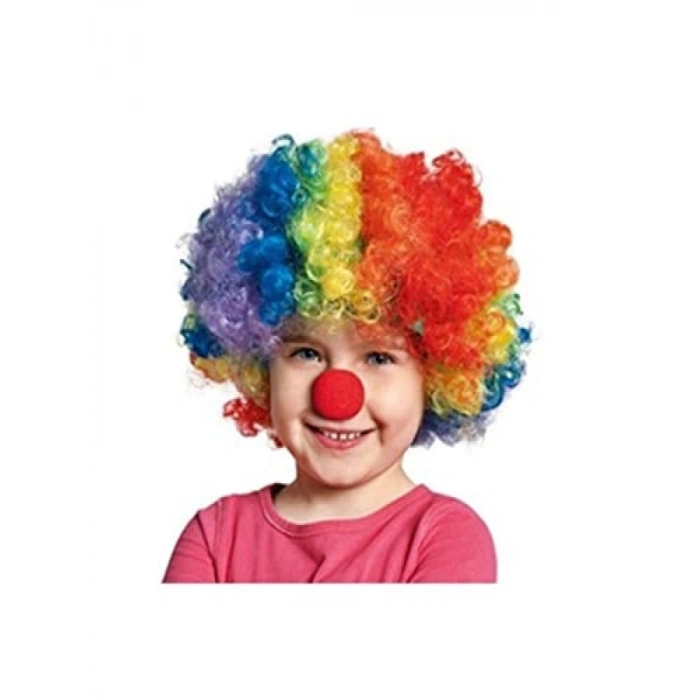 Unisex Renkli Palyaço Peruk ve Burun Seti