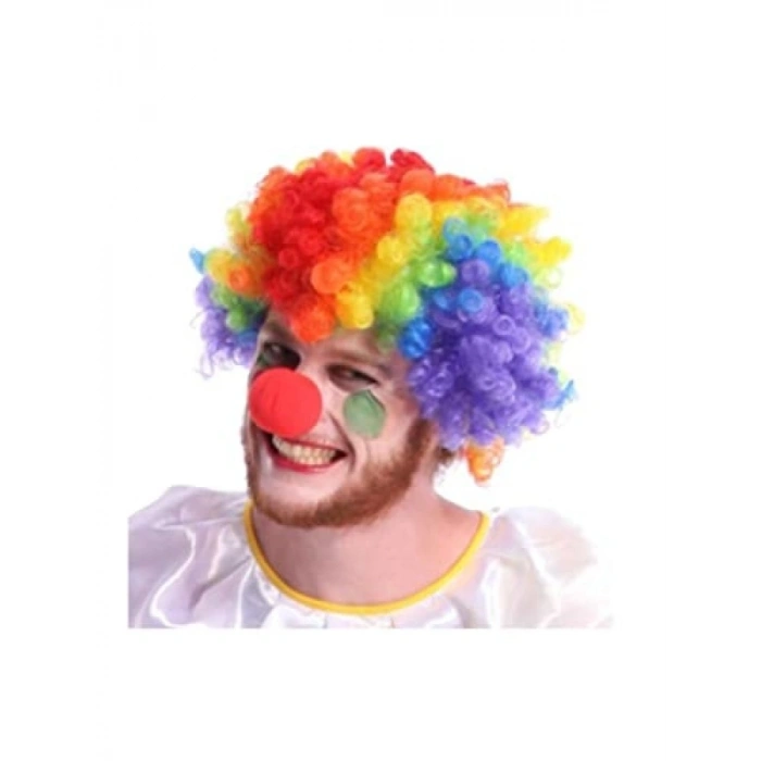 Unisex Renkli Palyaço Peruk ve Burun Seti