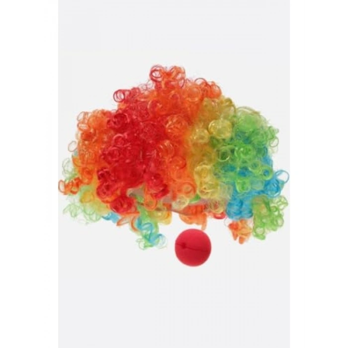 Unisex Renkli Palyaço Peruk ve Burun Seti
