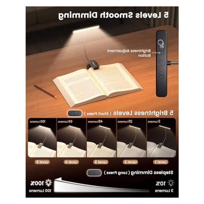 USB-C Şarj Edilebilir 360° Esnek Okuma Lambası, 5 Renk ve Parlaklık