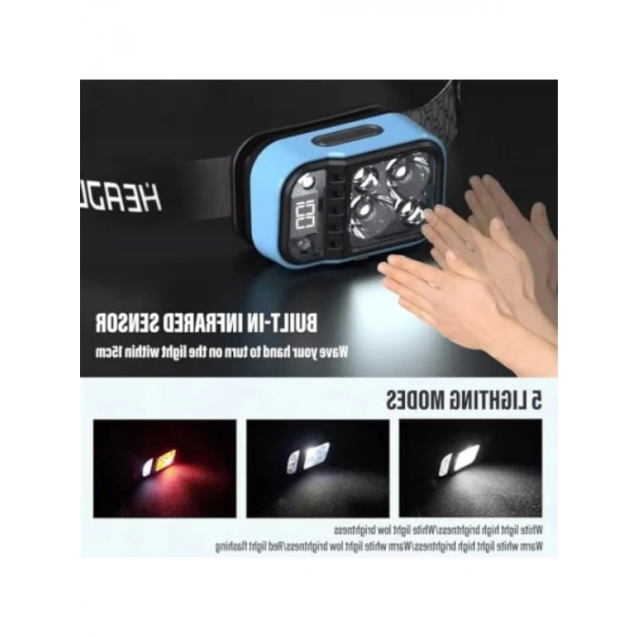 USB Şarj Edilebilir Sensörlü LED Kafa Lambası, Su Geçirmez
