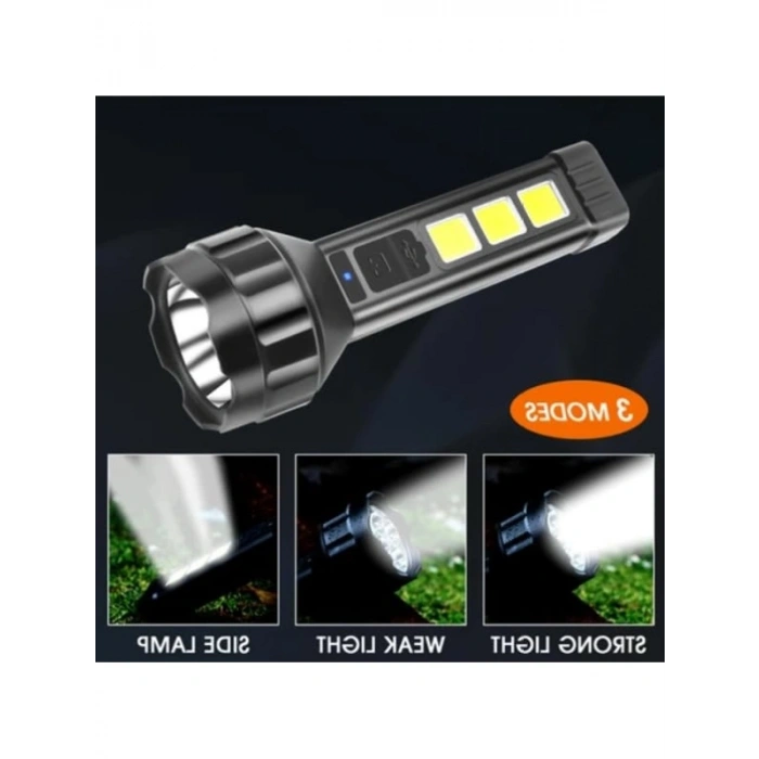 USB Şarjlı Güçlü El Feneri - COB Yan Işık