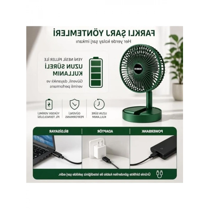 USB Şarjlı Katlanabilir Mini Vantilatör, 3 Hızlı Çalışma Modu, Ofis ve Seyahat İçin