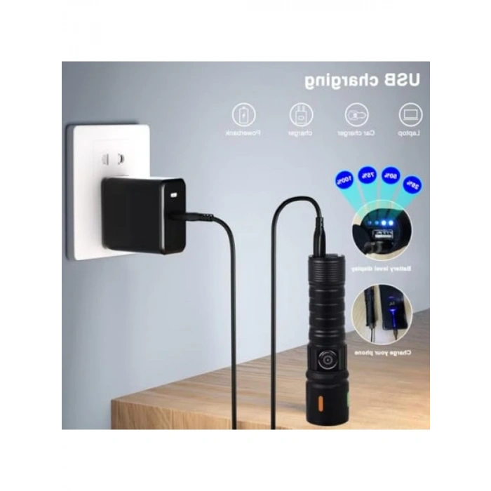 USB Şarjlı Ultra Güçlü LED El Feneri - Orta Boy