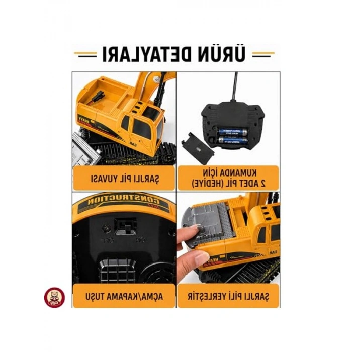 Uzaktan Kumandalı Işıklı Ekskavatör Modeli, 1:24 Ölçek, Hareketli Kepçe