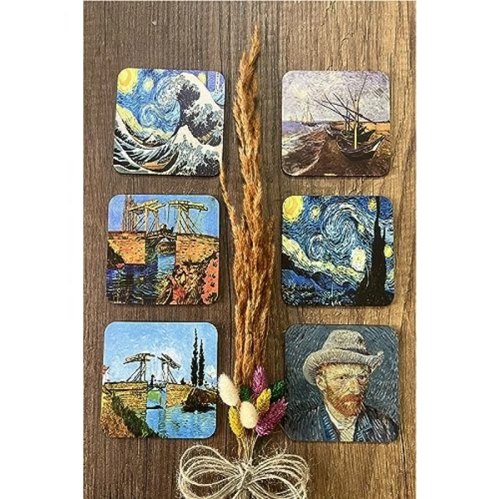 Van Gogh Temalı Ahşap Bardak Altlığı, 6lı Set (9x9cm)