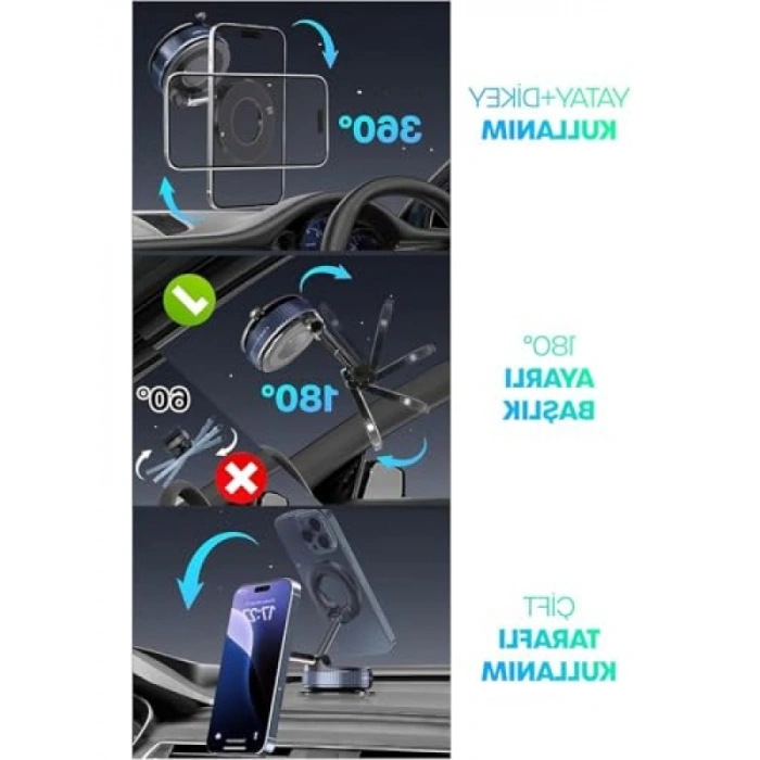 Vantuzlu Mıknatıslı Araç Telefon Tutucu - 360° Dönebilir, MagSafe ve Android Uyumlu