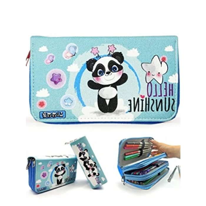 Vegan Deri Üç Bölmeli Kalem Kutusu - Mavi