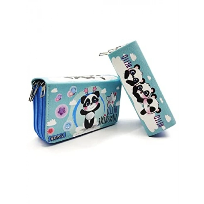 Vegan Deri Üç Bölmeli Kalem Kutusu - Mavi