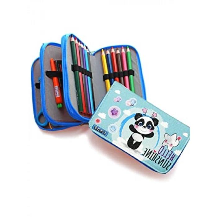 Vegan Deri Üç Bölmeli Kalem Kutusu - Mavi