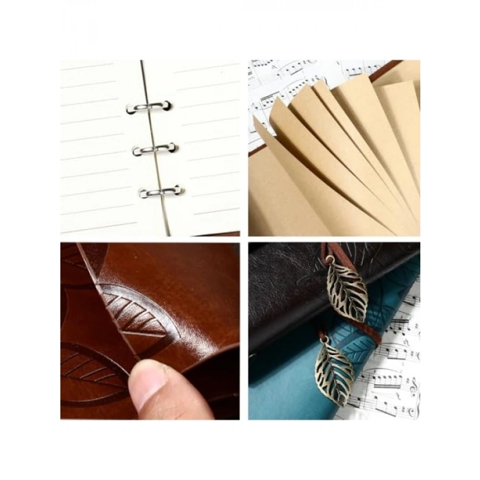 Vintage Yaprak Motifli PU Deri Defter - 80 Sayfa Çizgisiz
