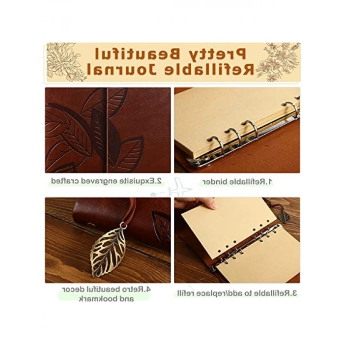 Vintage Yaprak Motifli PU Deri Defter - 80 Sayfa Çizgisiz