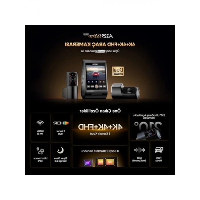 Viofo A229 Ultra 3 Kameralı Ön+Arka+İç 4K+4K+1080P HDR Sony STARVIS 2 Sensörlü Wi-Fi 6 GPSli Araç Kamerası