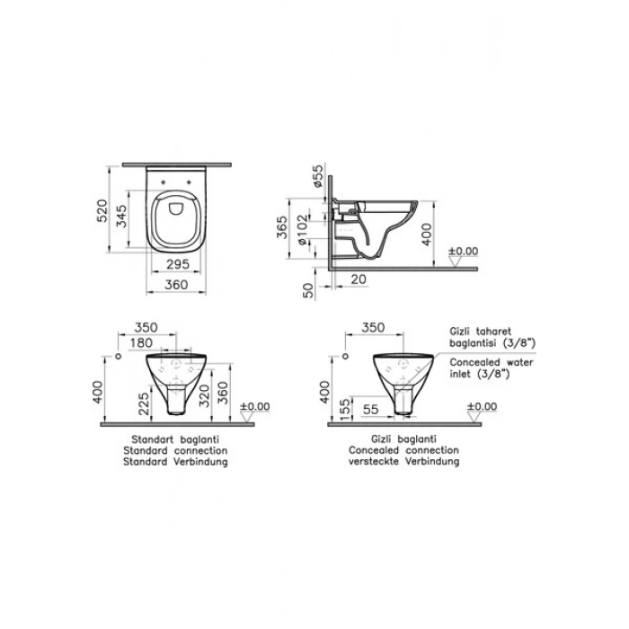 VitrA S20 Square 7508L003-0850 SmoothFlush Asma Klozet, 52 cm, Beyaz