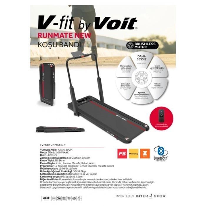 Voit V-Fıt By Voit Runmate New Koşu Bandı - Brushless Motor - Bluetooth- 12KM Hız - Uzaktan Kumanda - Akıllı Uygulama Destekli - Program Özellikli (15 Program)