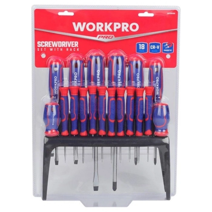 Workpro WP200506 18 Parça Duvar Askı Aparatlı Profesyonel Cr-V Manyetik Tornavida Seti